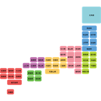 日本地図（デフォルメ）八地方区分　都道府県名入り