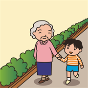 孫と散歩するおばあさん