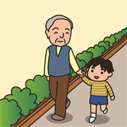 孫と散歩するおじいさん
