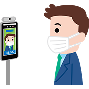 マスクをつけて非接触AI検温器をつかう会社員のイラスト